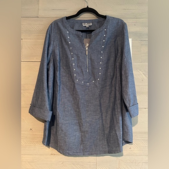 JM Collection Tops - JM Collection Denim Blue Tunic with Pearl Accents